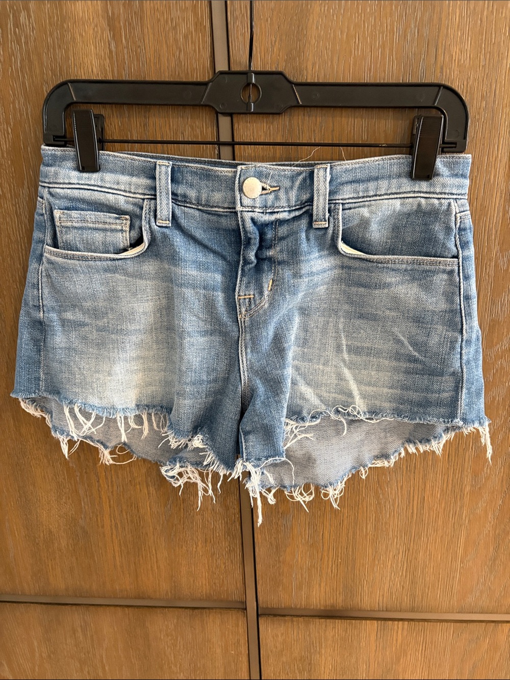 L'AGENCE Light Blue Distressed Frayed Hem Denim Shorts